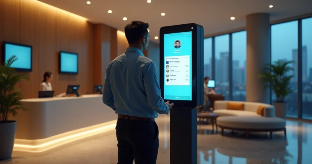 Hóspede frustrado diante de chatbot em tela grande de recepção de hotel