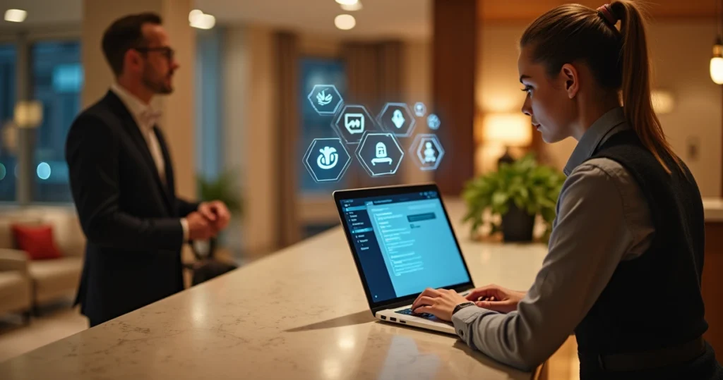 Recepcionista de hotel usando laptop com chatbot enquanto atende hóspede