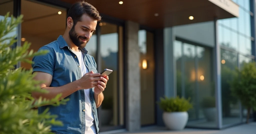 Hóspede realizando check-in online usando smartphone em frente a hotel moderno durante o dia