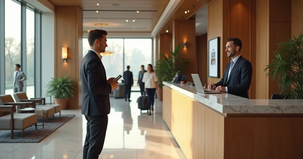Avaliação discreta de cliente oculto na recepção de hotel moderno