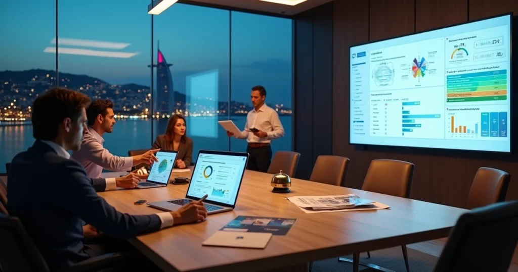 Equipe de marketing hoteleiro analisando estratégias para hotel em sala moderna