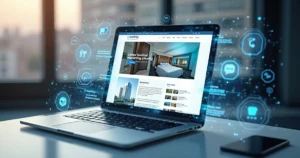 Tela de computador mostrando layout de site de hotel com gráficos de dados e inteligência artificial ao fundo