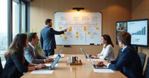 Gestor de hotel analisando quadro estratégico com mapa da jornada do hóspede