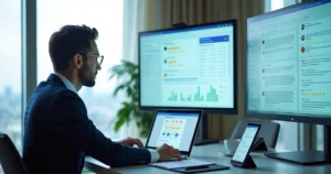 Gestor de hotel monitorando avaliações online em vários dispositivos