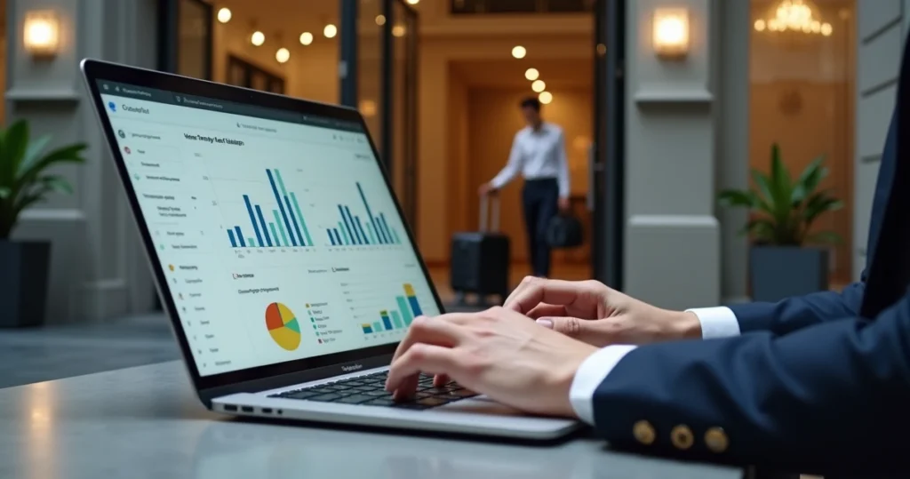 Gestor de marketing analisando campanha de Google Ads para hotel no notebook
