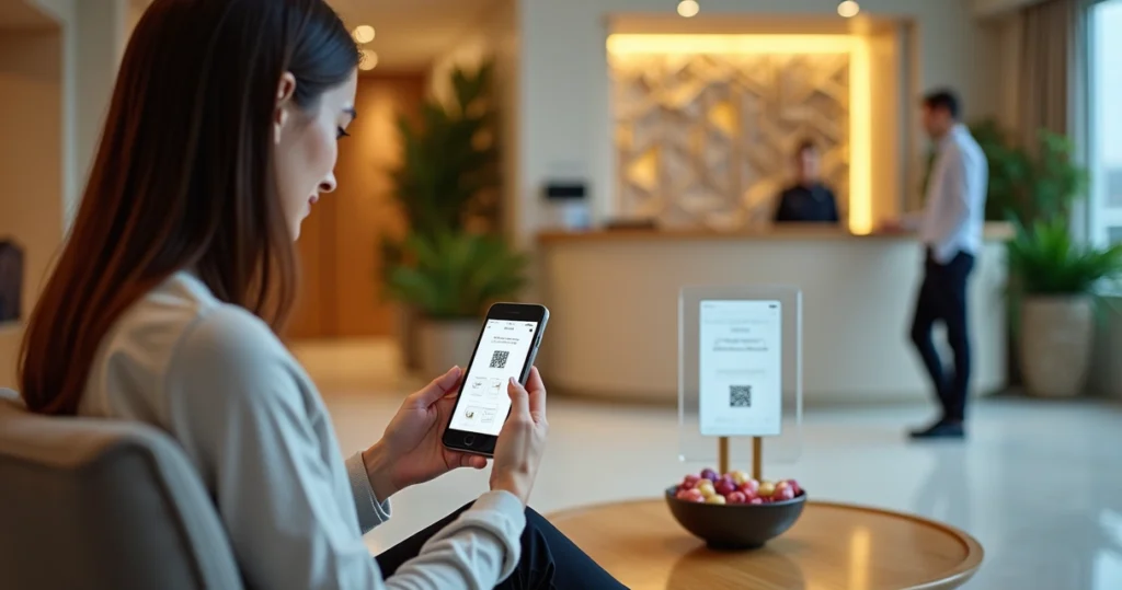 Hóspede escaneando QR code em displays interativos no lobby do hotel