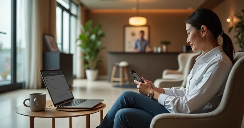 Hóspede usando smartphone para reservas em hotel moderno com atendimento digital