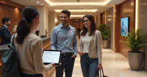 Recepção de hotel com hóspedes fazendo check-in e atendente com tablet