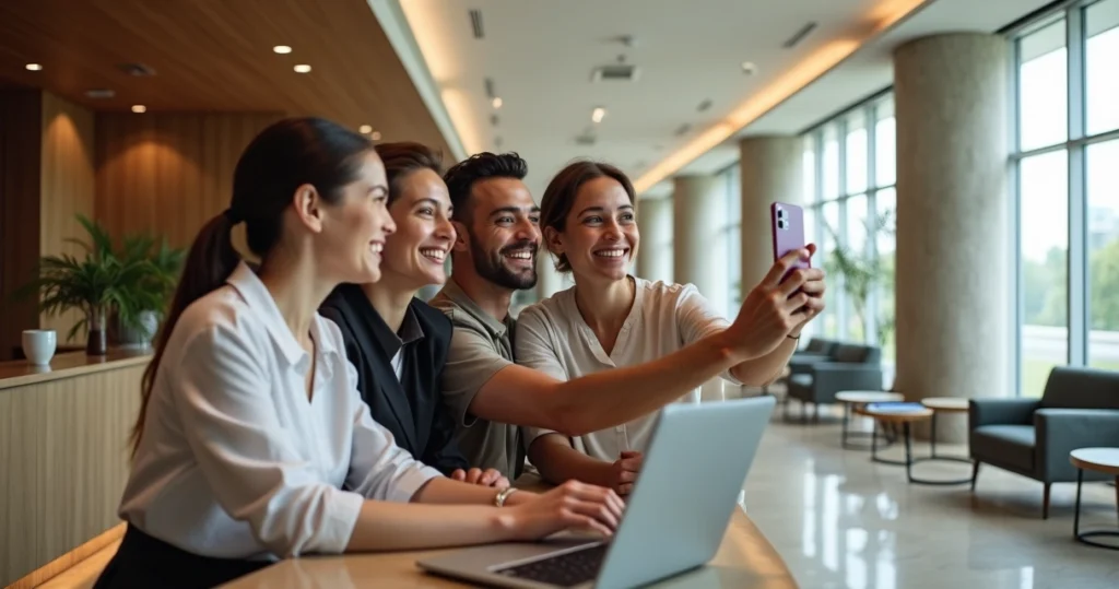Hóspedes felizes tirando foto com equipe de hotel na recepção moderna