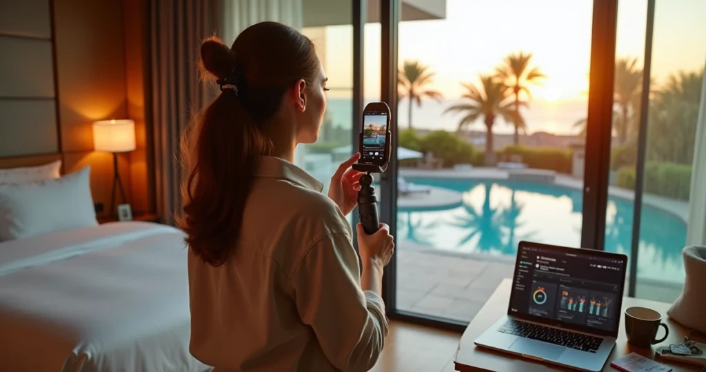 Influenciadora gravando conteúdo em quarto de hotel moderno com vista para a piscina