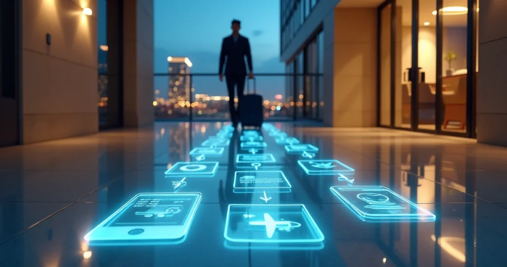 Linha do tempo iluminada ligando fachada de hotel a aeroporto e celular com reserva