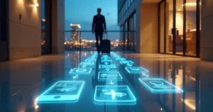 Linha do tempo iluminada ligando fachada de hotel a aeroporto e celular com reserva