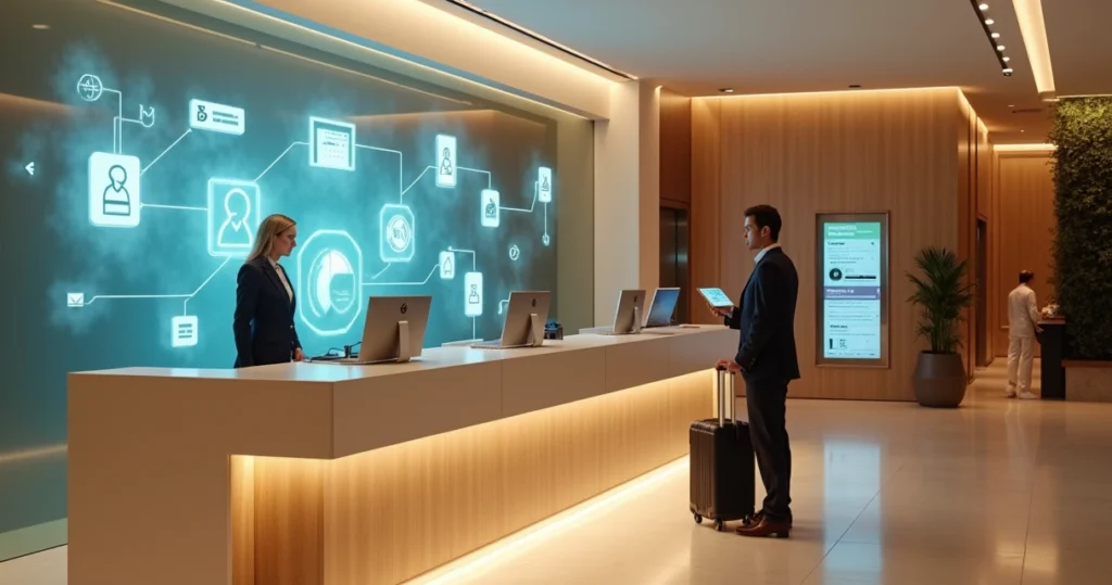 Atendente de hotel em balcão digital integrado a canais omnichannel