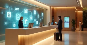 Atendente de hotel em balcão digital integrado a canais omnichannel
