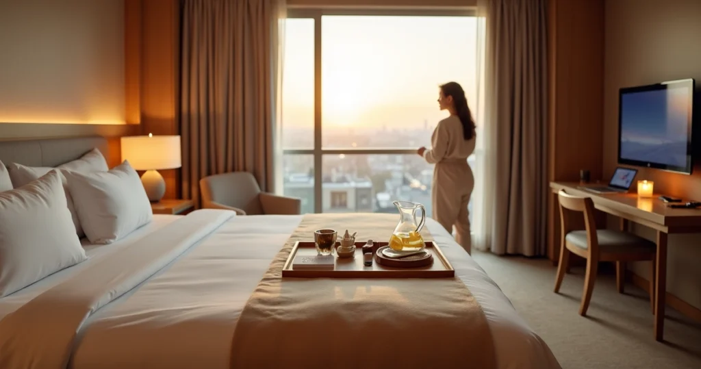 Hóspede em quarto de hotel apreciando pequenos detalhes de boas-vindas na cama