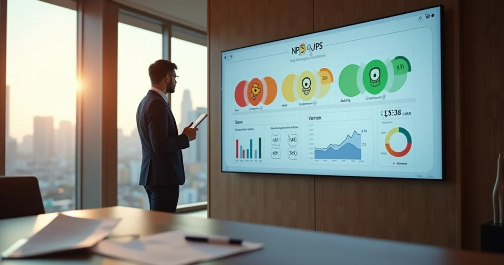 Gestor de hotel analisando painel de feedback de hóspedes com emoticons de satisfação