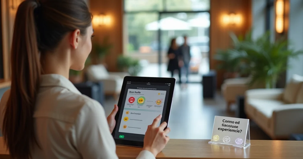 Recepcionista de hotel mostrando pesquisa de NPS em tablet para hóspede