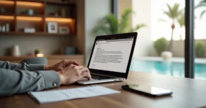 Equipe de hotel enviando mensagem de pós-venda para hóspede pelo notebook após a viagem