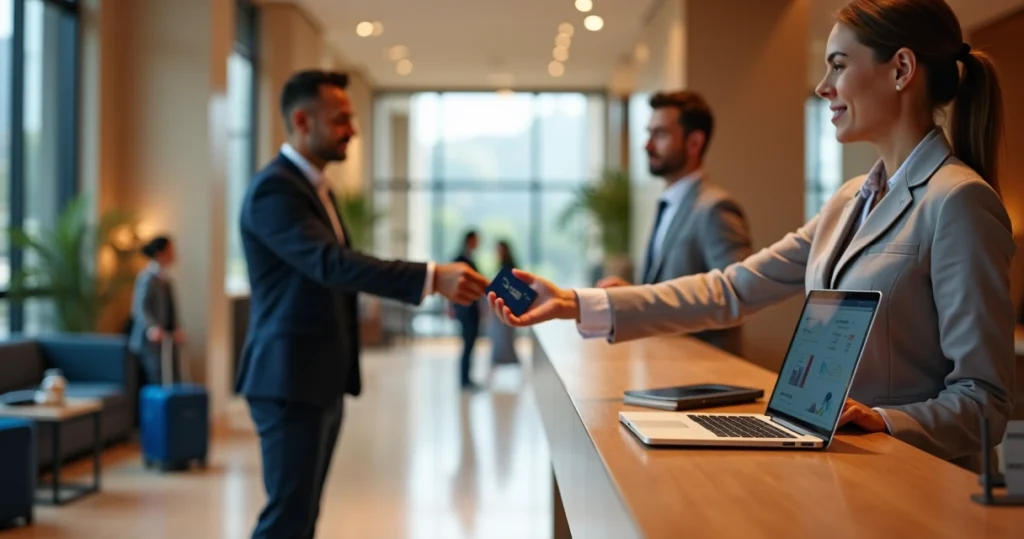 Recepcionista de hotel entregando cartão de fidelidade a hóspede sorridente na recepção moderna