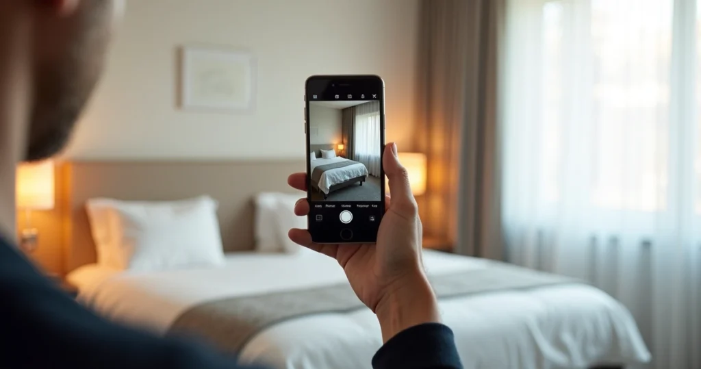 Mão fotografando quarto de hotel iluminado com celular