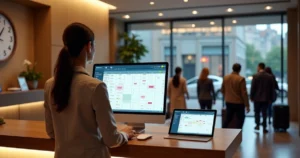 Recepcionista de hotel gerenciando reservas em período de alta demanda