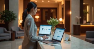 Recepcionista de hotel analisando painel de CRM em notebook no balcão