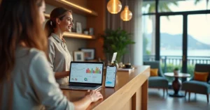 Recepcionista de pequeno hotel usando notebook com gráficos de marketing digital na recepção