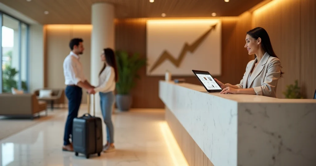 Recepcionista de hotel oferecendo upgrade de quarto a casal na recepção moderna