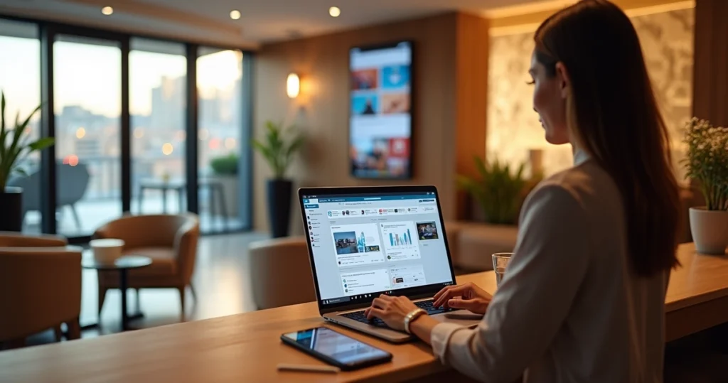 Gerente de hotel analisando redes sociais em notebook na recepção