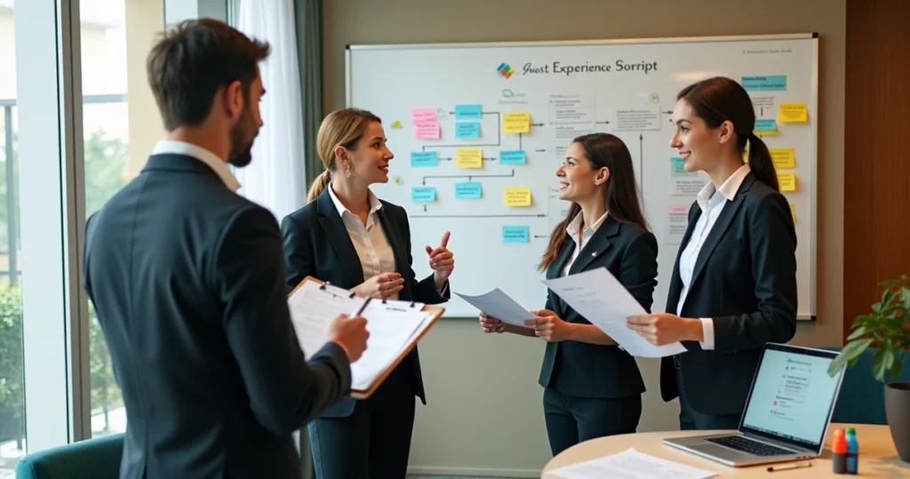 Equipe de hotel ensaiando roteiro de atendimento com quadro branco
