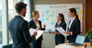 Equipe de hotel ensaiando roteiro de atendimento com quadro branco