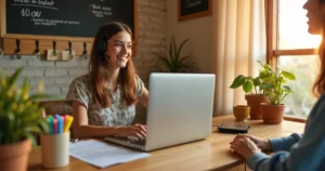 Funcionária de pousada pequena atende hóspede por notebook em recepção acolhedora