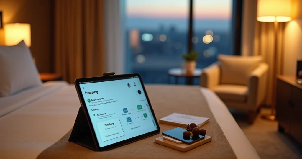 Tablet sobre cama de hotel exibindo recomendações personalizadas para hóspede