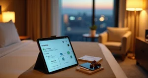 Tablet sobre cama de hotel exibindo recomendações personalizadas para hóspede