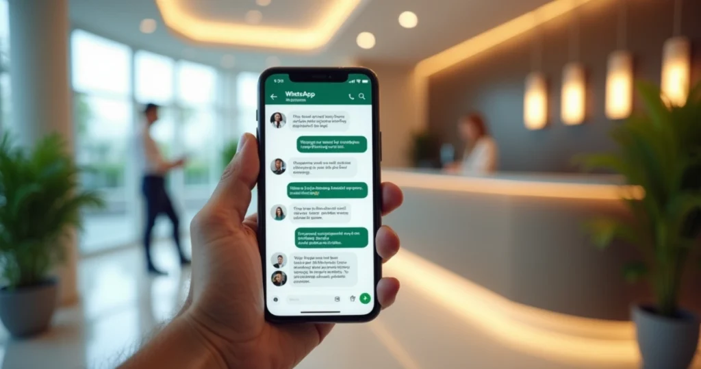 Smartphone mostrando conversa no WhatsApp Business com reservas diretas na tela