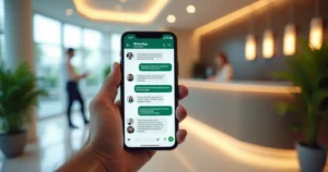 Smartphone mostrando conversa no WhatsApp Business com reservas diretas na tela